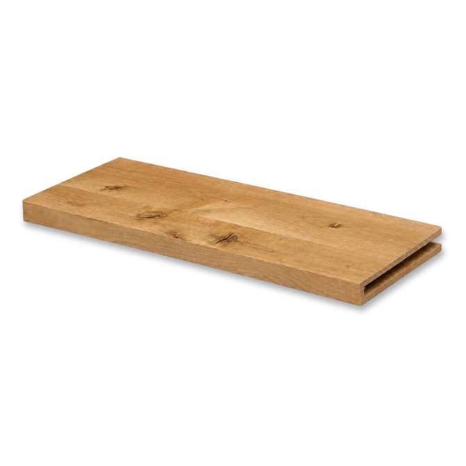 Rustic alder 1.625-inch solid wood alcove floating shelf featuring natural grain variation and knots with an open end for trimming.