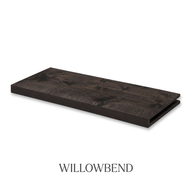 1 5/8-inch solid  Rustic Alder alcove floating shelf in Willowbend finish with an open end for trimming.