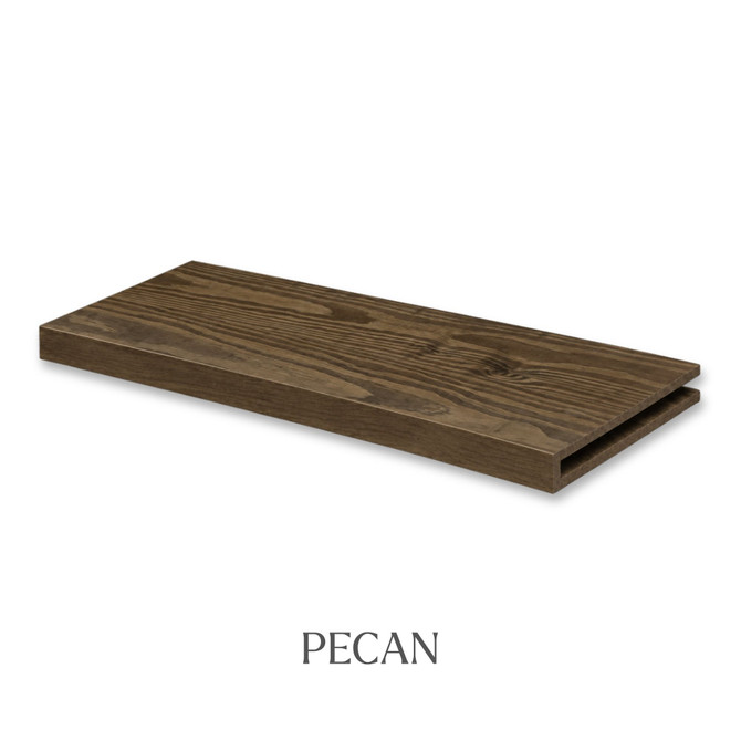 1 5/8-inch solid Pine alcove floating shelf in Pecan finish with an open end for trimming.