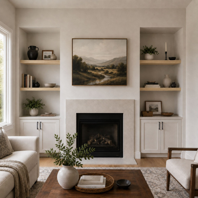 Pine alcove floating shelves installed in recessed wall niches on each side of a living room fireplace.