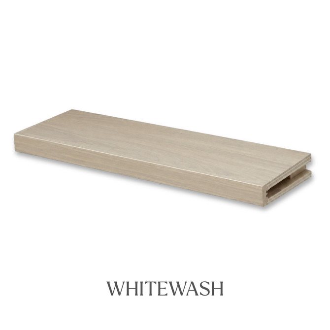 2-inch Walnut alcove floating shelf in White Wash with a light washed finish that softens the walnut color while keeping the natural grain visible.