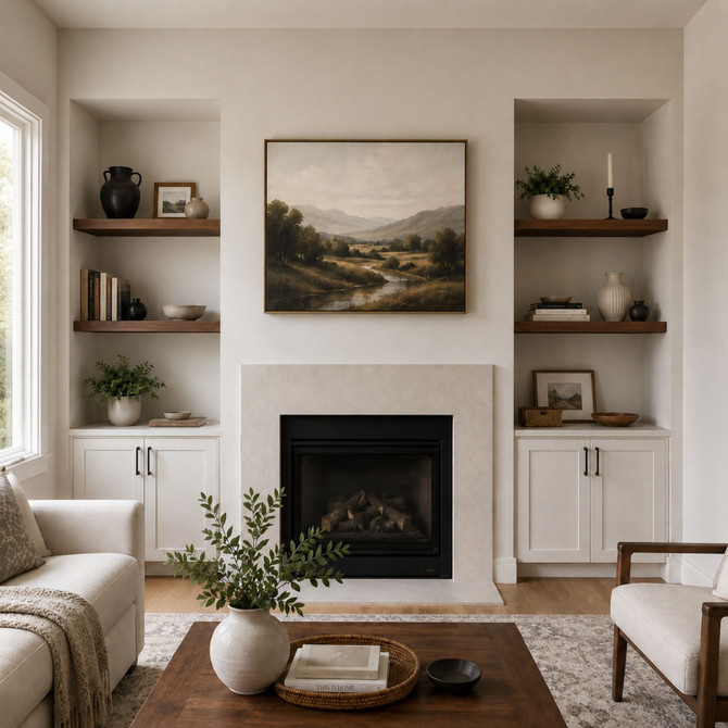 2-inch Walnut alcove floating shelves in Clear Coat installed in built-in niches on both sides of a living room fireplace.