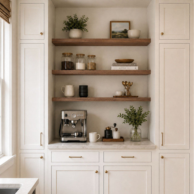 2-inch Walnut alcove floating shelves in Clear Coat installed above a built-in kitchen coffee bar with white cabinetry.