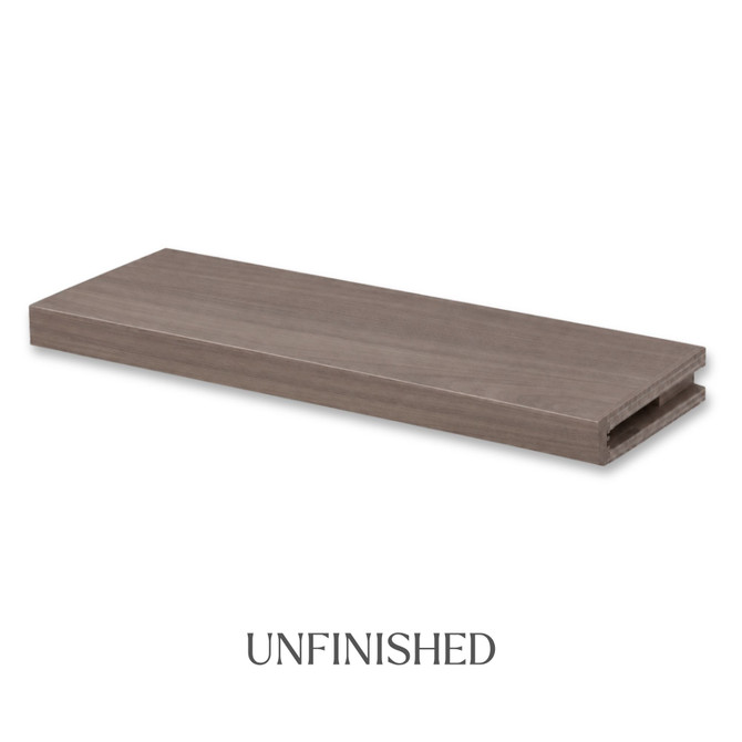 2-inch unfinished Walnut alcove floating shelf showing the natural walnut color, grain variation, and open end for installation.