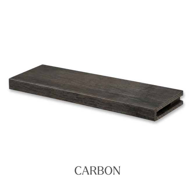 2-inch Maple alcove floating shelf in Carbon with a dark finish, subtle wood grain, and open end for side cleat installation.