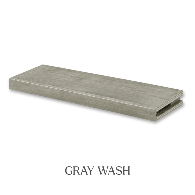 2-inch Maple alcove floating shelf in Gray Wash with a muted gray-brown finish and subtle maple grain.