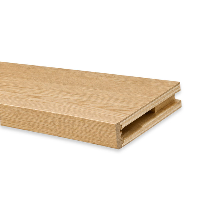 Close-up of a 2-inch White Oak alcove floating shelf in Clear Coat showing the open end and routed channel for side cleat installation.