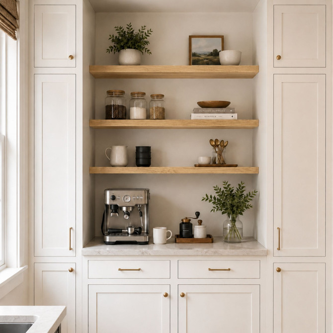 2-inch White Oak alcove floating shelves installed in a built-in kitchen coffee bar with white cabinetry.