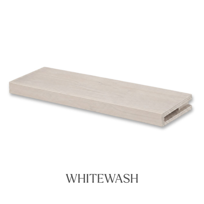 2-inch Superior Alder alcove floating shelf in White Wash with a soft light finish and subtle natural wood grain.