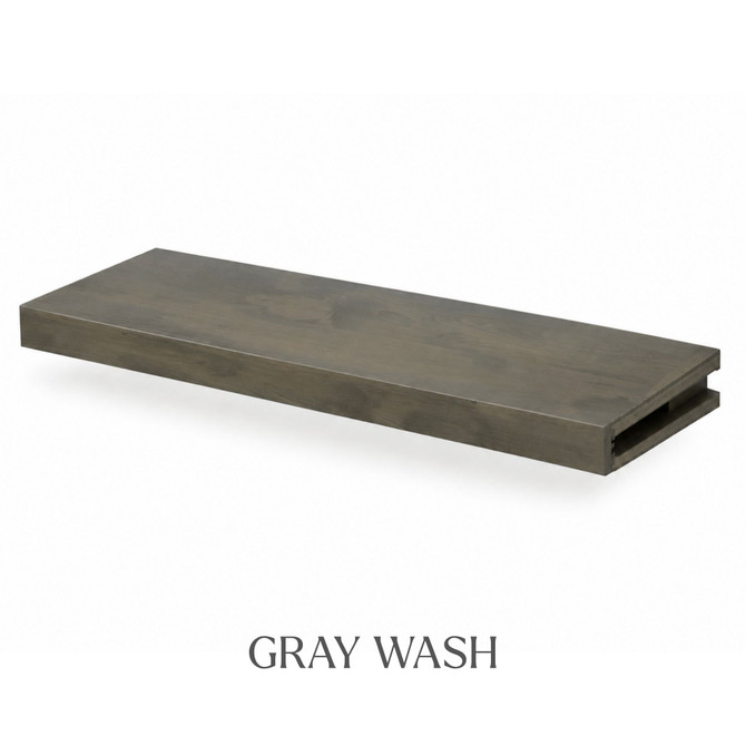 2-inch Superior Alder alcove floating shelf in Gray Wash with a muted gray-brown finish and visible wood g