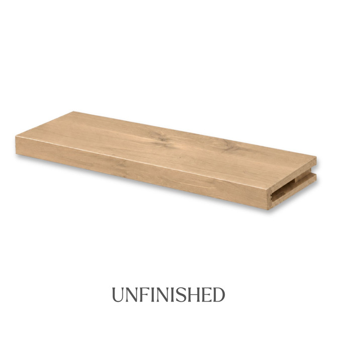 2-inch unfinished Superior Alder alcove floating shelf showing the natural raw wood color, grain, and open end for installation.