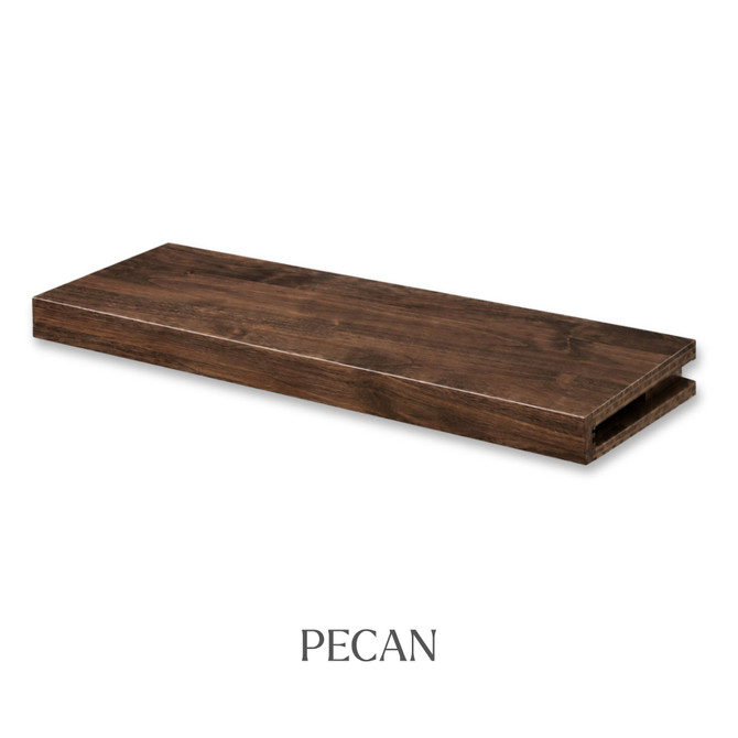 2-inch Superior Alder alcove floating shelf in Pecan with a warm brown finish and natural wood grain.