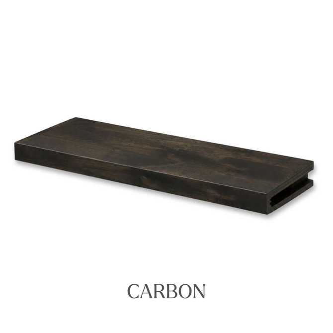 2-inch Rustic Alder alcove floating shelf in Carbon with a deep dark finish, visible knots and wood grain, and an open end for installation.