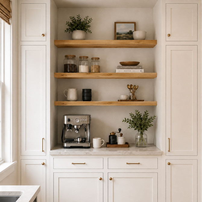 2-inch Rustic Alder alcove floating shelves in Clear Coat installed above a built-in kitchen coffee bar with white cabinetry.