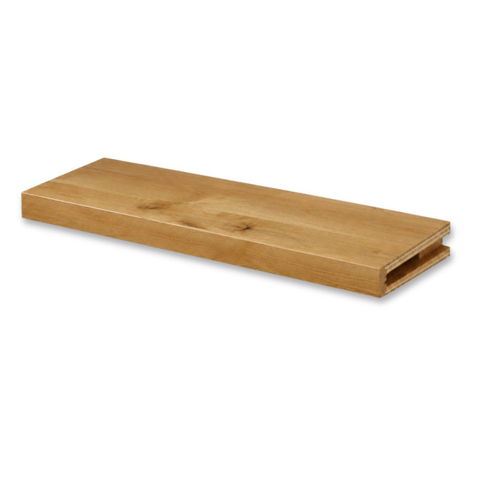 Rustic Alder 2-inch box construction alcove floating shelf featuring natural oak grain and an open end for a custom-fit installation.
