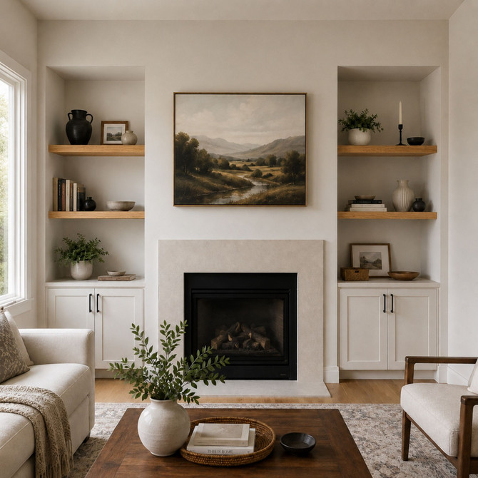 2-inch Rustic Alder alcove floating shelves in Clear Coat installed in built-in niches on both sides of a living room fireplace.