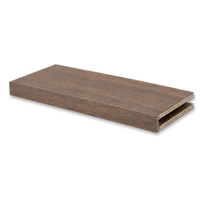 Walnut 3-inch box construction alcove floating shelf featuring natural grain and an open end for a custom-fit installation.