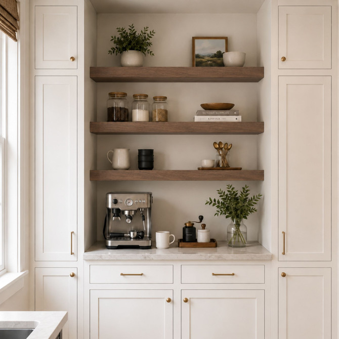 3-inch Walnut alcove floating shelves installed in a built-in kitchen coffee bar with white cabinetry.
