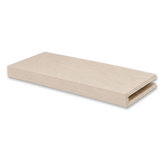 Maple 3-inch box construction alcove floating shelf featuring natural grain and an open end for a custom-fit installation.