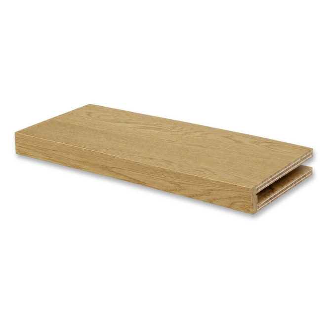 White oak 3-inch box construction alcove floating shelf featuring natural oak grain and an open end for a custom-fit installation.