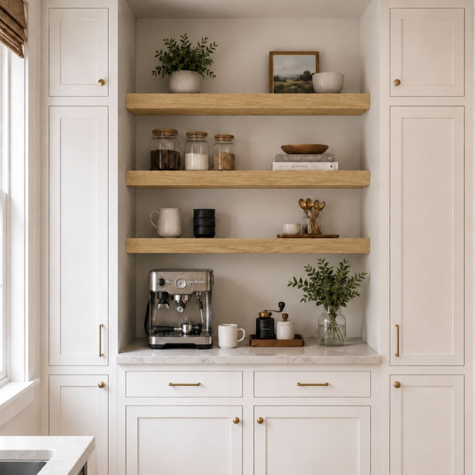 3-inch White Oak alcove floating shelves installed in a built-in kitchen coffee bar with white cabinetry.