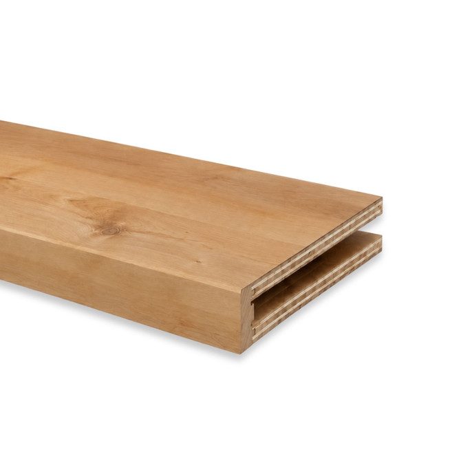 Close-up of a 3-inch Superior Alder alcove floating shelf in Clear Coat showing the open end and routed channel for side cleat installation.