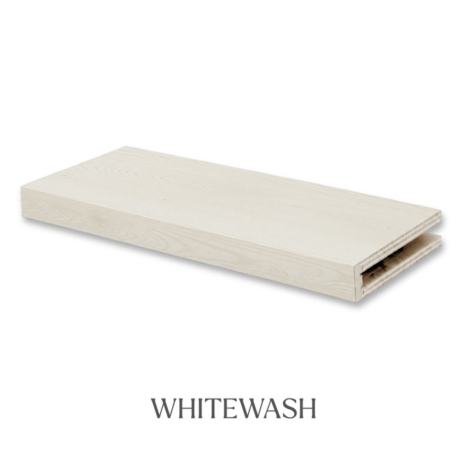 3-inch Pine alcove floating shelf in White Wash with a light finish that allows the natural pine grain to remain visible.