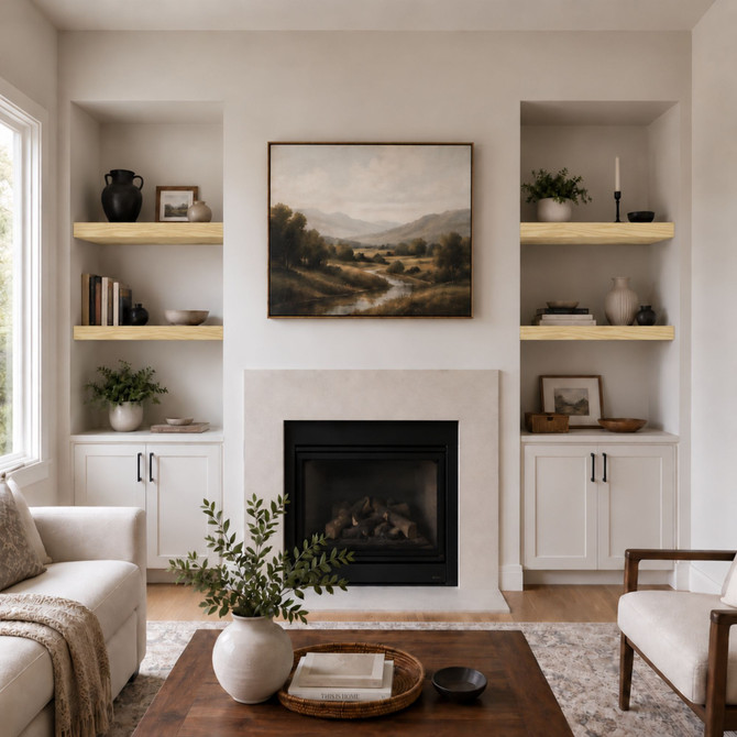 3-inch Pine alcove floating shelves installed in built-in niches on both sides of a living room fireplace.