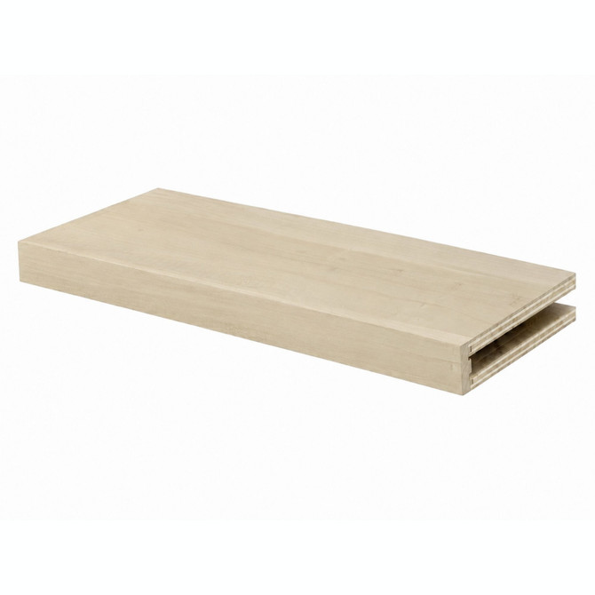 Poplar 3-inch box construction alcove floating shelf featuring natural grain and an open end for a custom-fit installation.