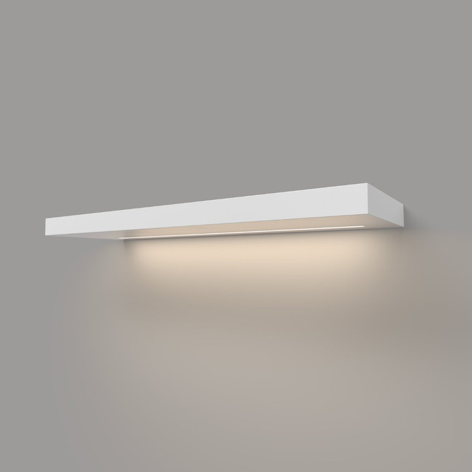 Angled front-right view of painted white floating shelf with built-in LED lighting – 1.625 inch thick solid maple construction with hidden bracket.