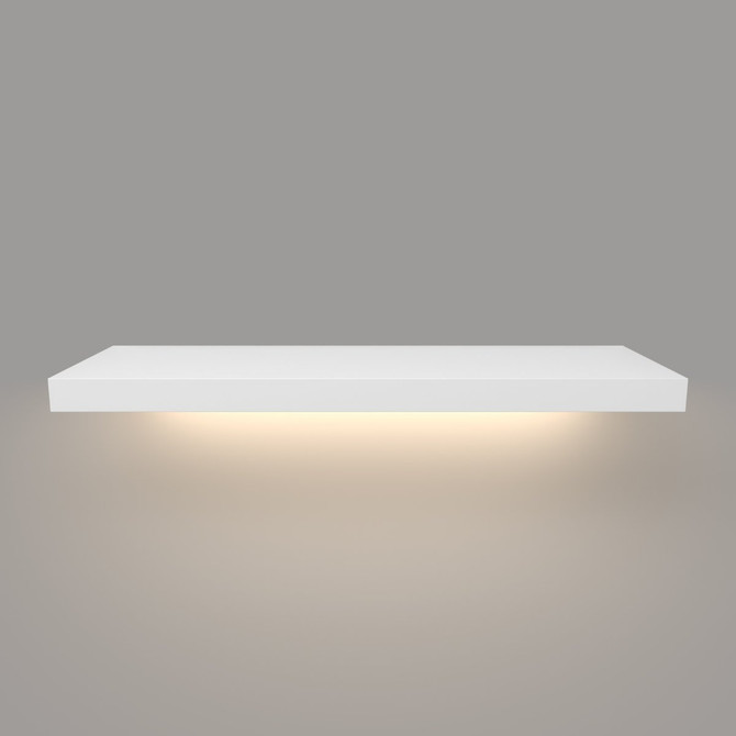 Front view of painted white floating shelf with integrated hardwired LED light – 1 5/8 inch thick solid wood design by J Thomas Home.
