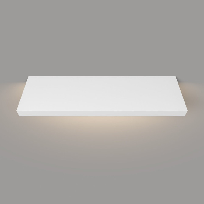 Top-down view of white painted floating shelf with hardwired LED lighting – 1.625 inch thick solid maple wood with smooth surface and clean lines.