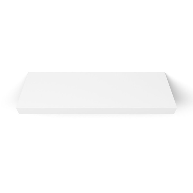 Front view of painted white floating shelf – 2 inch thick handcrafted wood design by J Thomas Home with concealed mounting bracket.