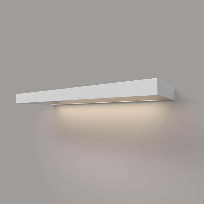 Angled front-right view of a painted white floating shelf with built-in LED lighting – 2-inch thick wood construction with white satin finish and hidden bracket.