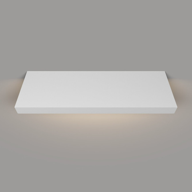 Top-down view of a 2-inch thick white painted floating shelf with hardwired LED lighting, crafted from maple wood with a smooth finish and clean, modern lines.