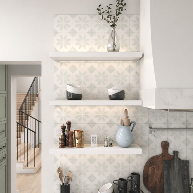 2 inch thick painted white floating shelves with integrated LED lighting in a kitchen. The smooth, clean finish brightens the room and complements a wide range of cabinetry styles, while the built in LED lighting adds both task lighting and soft ambiance.