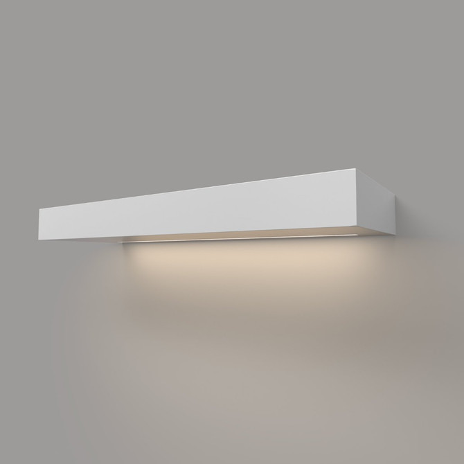 Angled front-right view of painted white floating shelf with built-in LED lighting – 3 inch thick real maple wood box construction with hidden bracket