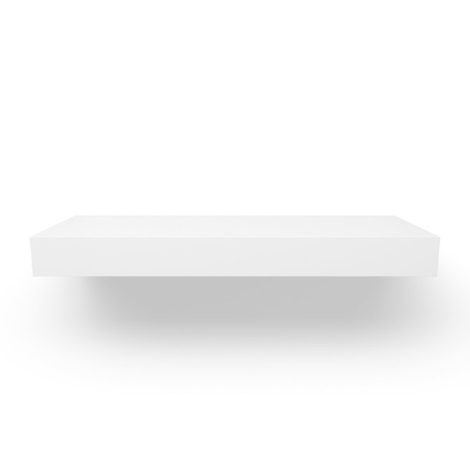 Front view of white painted floating shelf – 3-inch thick wood wall shelf handcrafted by J Thomas Home.