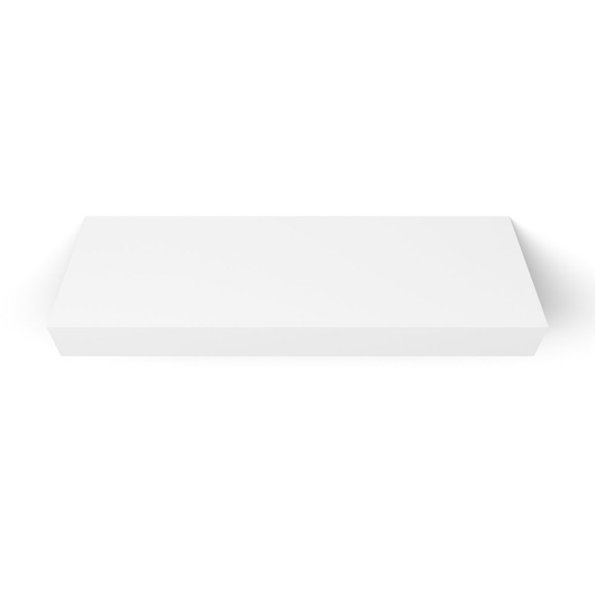 Top-down view of 3-inch thick white painted floating shelf – alder wood with smooth finish and clean lines.