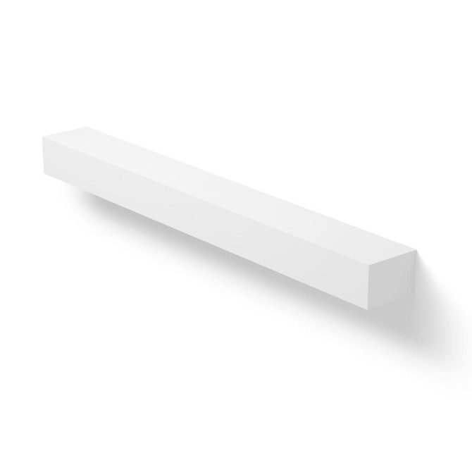 Angled view of a white painted floating mantel shelf mounted on a wall, showcasing the smooth painted finish and seamless hidden bracket design.