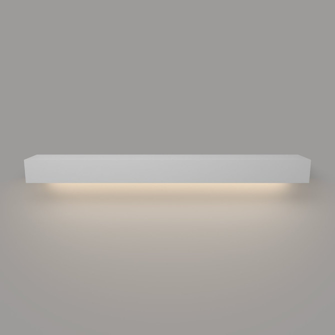 Front view of a white floating mantel shelf with integrated LED lights, highlighting its clean lines and soft glow under the shelf.