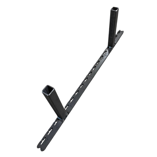 Angled view of a heavy-duty metal bracket designed for floating mantel shelves, showcasing its solid steel construction and integrated support rod for concealed wall mounting.