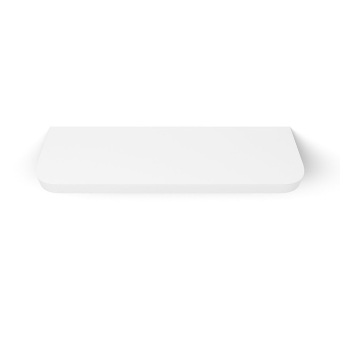 Front view of a white floating shelf with soft radius corners, highlighting the clean lines and elegant painted surface.