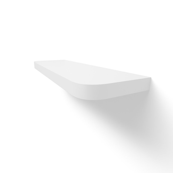 Angled view of a white painted floating shelf with rounded front corners, showcasing its 1.625-inch thickness and smooth satin finish.