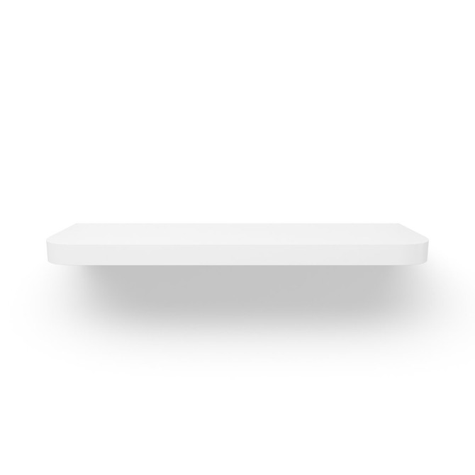 Top-down view of a white painted floating shelf with curved front corners, displaying its spacious surface and smooth finish.