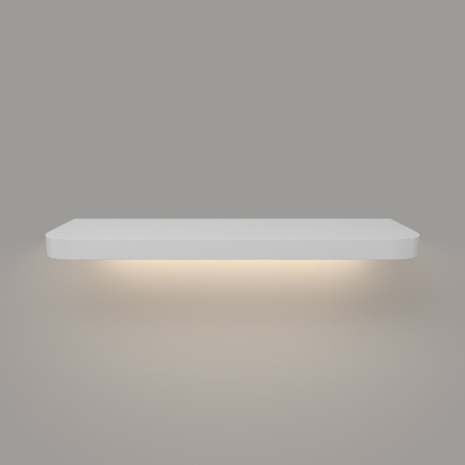 Front view of a white floating shelf with built-in LED lights and 1.625-inch thickness, showcasing clean lines and softly curved front corners.