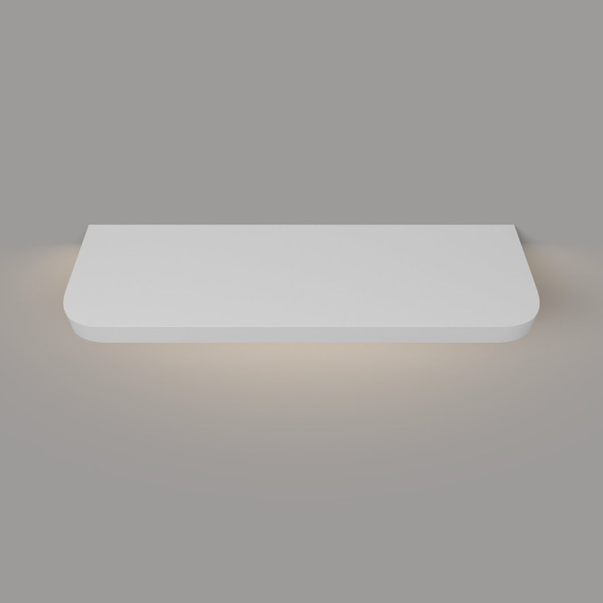 Top-down view of a white painted floating shelf with integrated lighting and gently rounded radius front corners, highlighting the smooth finish and depth.