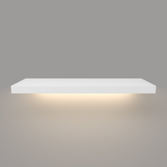 Front view of painted white floating shelf with integrated hardwired LED light – 1 5/8 inch thick solid wood design by J Thomas Home.