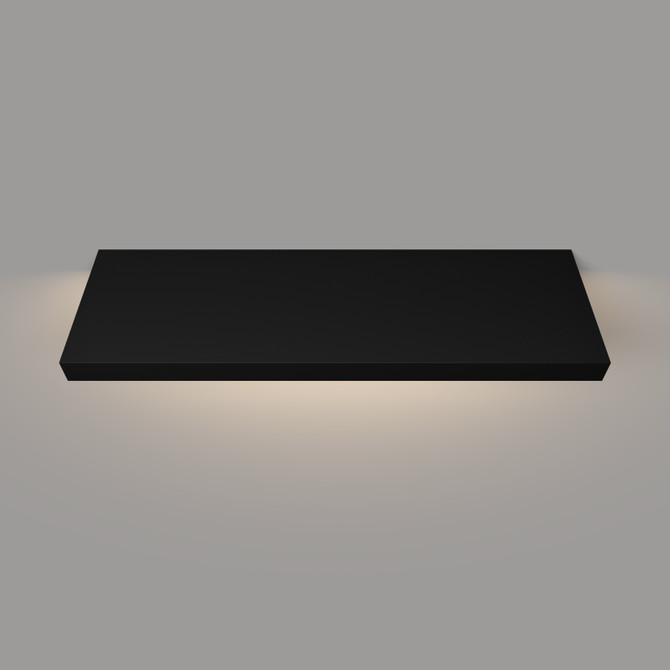 Top-down view of black painted floating shelf with hardwired LED lighting – 1.625 inch thick solid maple wood with smooth surface and clean lines.