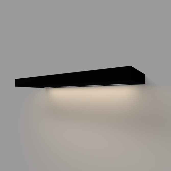 Angled front-right view of a painted black floating shelf with built-in LED lighting – 2-inch thick wood construction with white satin finish and hidden bracket.